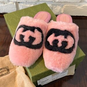 Gucci Pink Inlaid Cordoba GG pink Slippers Leather Soles 39 New